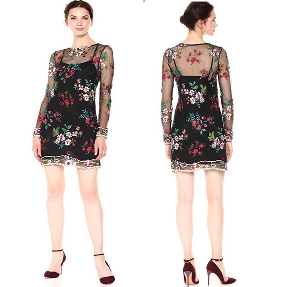 floral embroidery mesh overlay dress